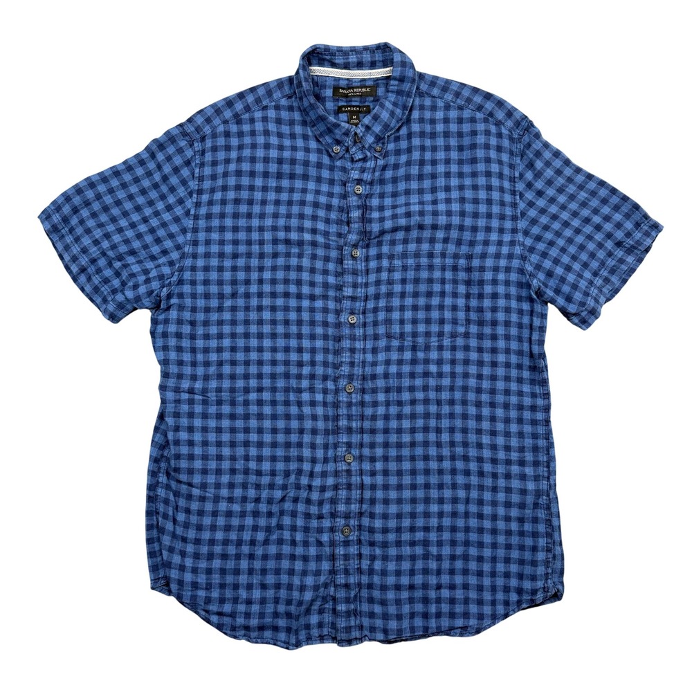 Banana Republic Linen Shirt Mens M Button Down Blue Gingham Camden Fit Plaid EUC